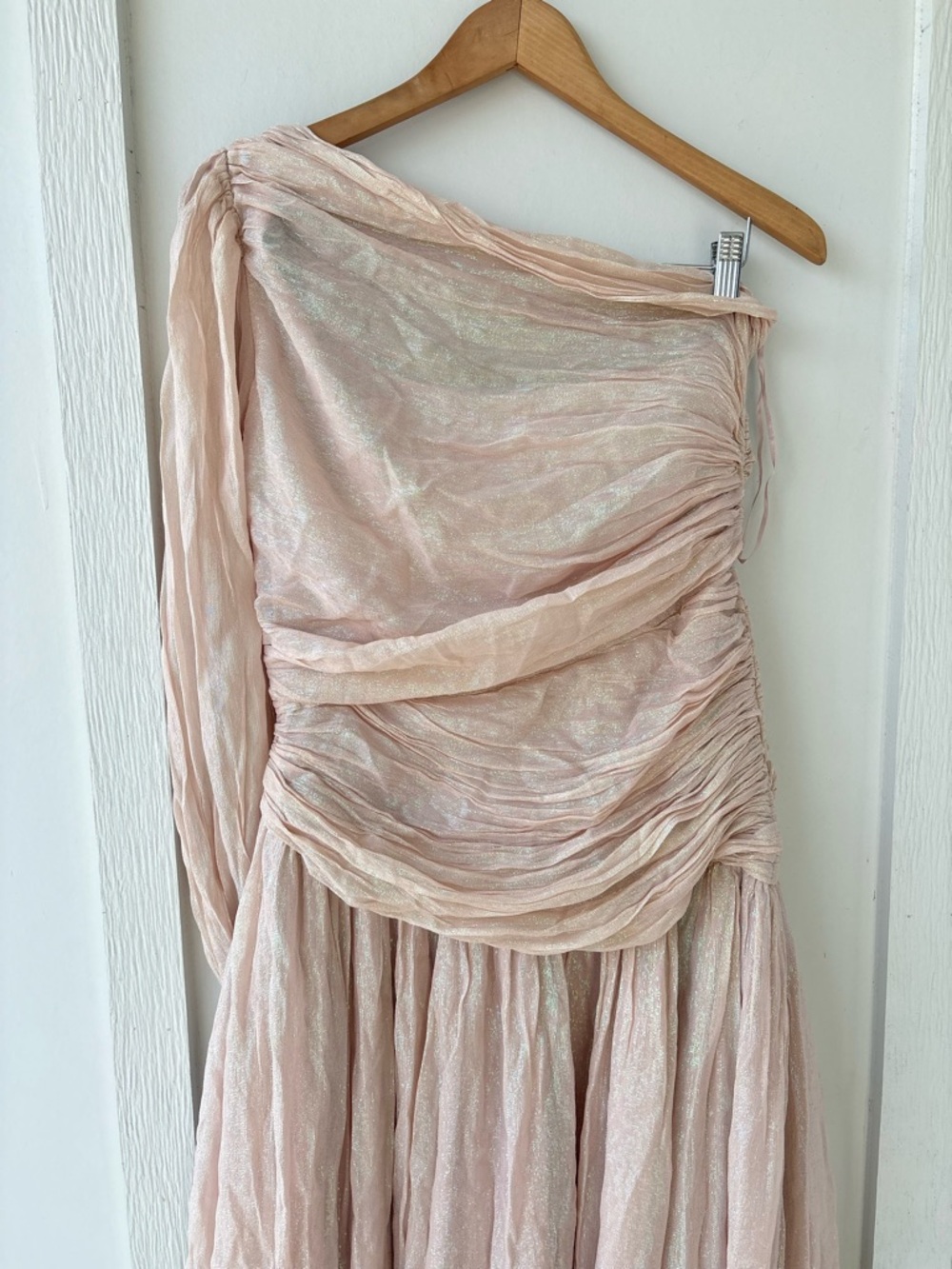 BHLDN Jade Metallic One-Shoulder Asymmetrical-Waist Gown Size 10 - Picture 7 of 12